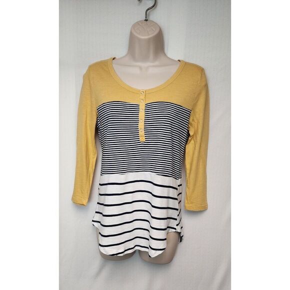 Maurices Colorblock Stripe Yellow White Navy Blue 24/7 Long Sleeve Henley Tee - Picture 3 of 7